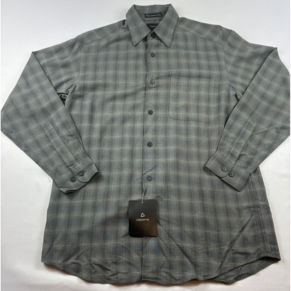 Claiborne Plaid Button Down Shirt Mens Medium Grey NWT Italian Fabric Viscose